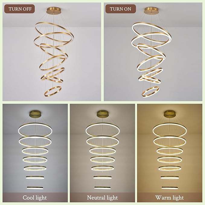 7-Rings D31.5’’ Modern LED Chandelier Gold Dimmable High Ceiling Chandeliers Foyer with Remote Control for Staircase Entryway Dining Room Living Room, 3000K-6500K