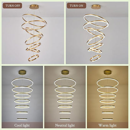 7-Rings D31.5’’ Modern LED Chandelier Gold Dimmable High Ceiling Chandeliers Foyer with Remote Control for Staircase Entryway Dining Room Living Room, 3000K-6500K