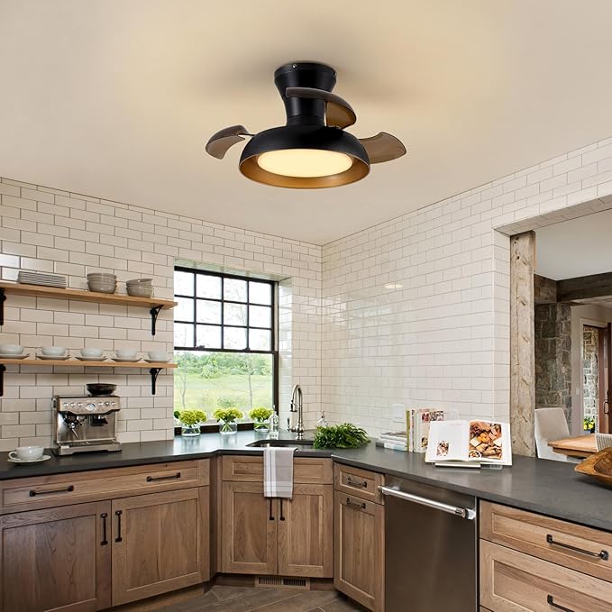 23 Inch Black and Gold Ceiling Fan with Light and Brown Retractable Blades Small Led Light Fixture Ceiling Modern Fandelier Fan Lights Cei ling Fixtures for Bedroom Dining Room Kitchen