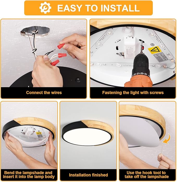 Modern LED Ceiling Light, Minimalist Wood Flush Mount Ceiling Light Fixture, 4000K Not Dimmable, Circle Lighting Lamp with Acrylic Lampshade for Bedroom Laundry Room Hallway (Black,11.8")