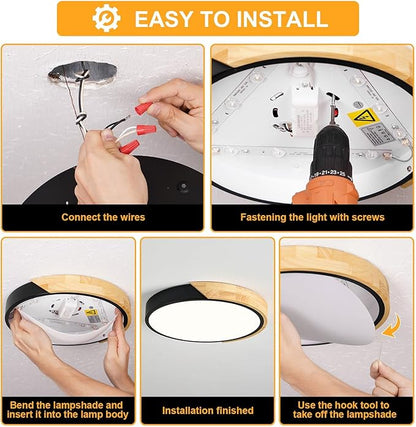 Modern LED Ceiling Light, Minimalist Wood Flush Mount Ceiling Light Fixture, 4000K Not Dimmable, Circle Lighting Lamp with Acrylic Lampshade for Bedroom Laundry Room Hallway (Black,11.8")