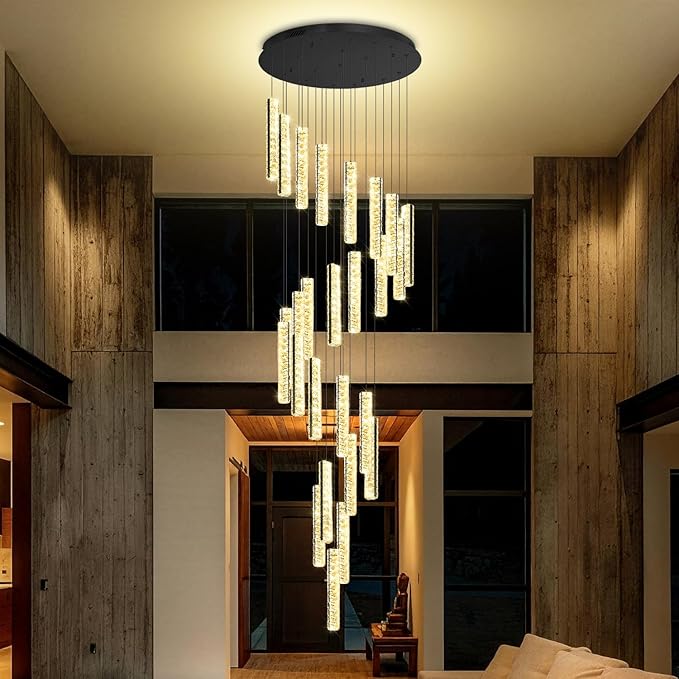 Large Spiral Stair Chandelier High Ceiling Modern LED Dimmable Crystal Chandelier Lighting for Foyer Villa Hallway 25-Light Black