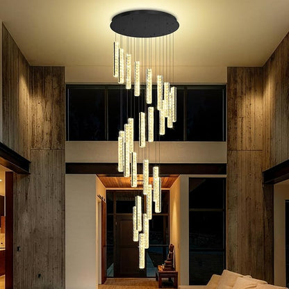 Large Spiral Stair Chandelier High Ceiling Modern LED Dimmable Crystal Chandelier Lighting for Foyer Villa Hallway 25-Light Black