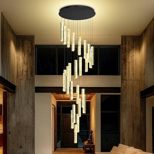 Large Spiral Stair Chandelier High Ceiling Modern LED Dimmable Crystal Chandelier Lighting for Foyer Villa Hallway 25-Light Black