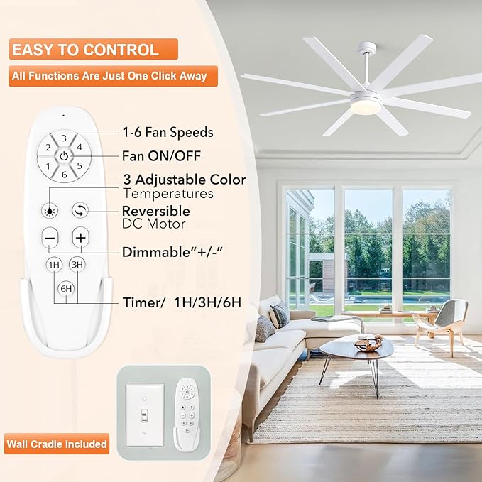 YUHAO 72 Inch White Ceiling Fan with Light and Remote Control.Noiseless,Dimmable,3CCT,6 Speeds Reversible, DC Ceiling Fans for Indoor or Covered Outdoor Use.ETL Listed