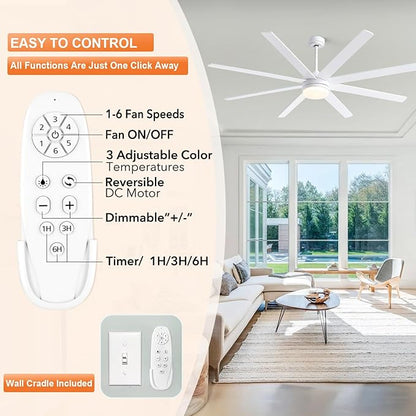 YUHAO 72 Inch White Ceiling Fan with Light and Remote Control.Noiseless,Dimmable,3CCT,6 Speeds Reversible, DC Ceiling Fans for Indoor or Covered Outdoor Use.ETL Listed