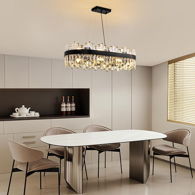 Modern Black Crystal Chandelier, 16-Light Rectangular 2-Tiers K9 Crystal Raindrop Chandelier, Luxury Flush Mount Hanging Ceiling Light for Dining Room Living Room Kitchen Island L35.4''