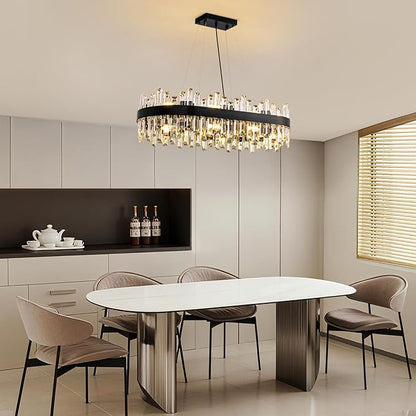 Modern Black Crystal Chandelier, 16-Light Rectangular 2-Tiers K9 Crystal Raindrop Chandelier, Luxury Flush Mount Hanging Ceiling Light for Dining Room Living Room Kitchen Island L35.4''
