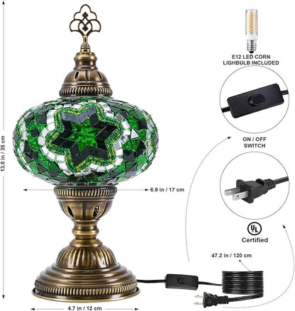 Turkish Lamp, Mosaic Table Lamp, Antique Moroccan Decorative Glass Bohemian Vintage Lamp Shade, Small Desk Tiffany Bedside Stained Glass Lamp with US Plug and E12 Socket