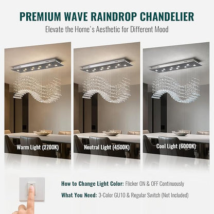 Siljoy Modern Wave Crystal Chandelier for Dining Room 10 Lights Luxury Rectangular Flush Mount Crystal Ceiling Light for Living Room Kitchen Island Length 40 Inch
