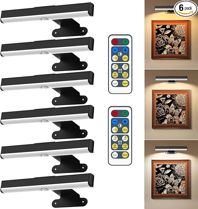 6Pack Wireless Picture Light for Wall Battery Operated Wall Sconces with Remote 3 Lighting LED Painting Light Timer&Dimmable Art Display Lights for Picture Gallery Posters Living Room Home Decor