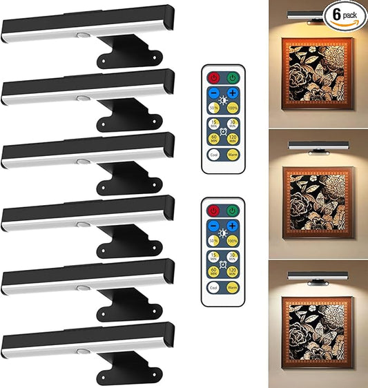 6Pack Wireless Picture Light for Wall Battery Operated Wall Sconces with Remote 3 Lighting LED Painting Light Timer&Dimmable Art Display Lights for Picture Gallery Posters Living Room Home Decor