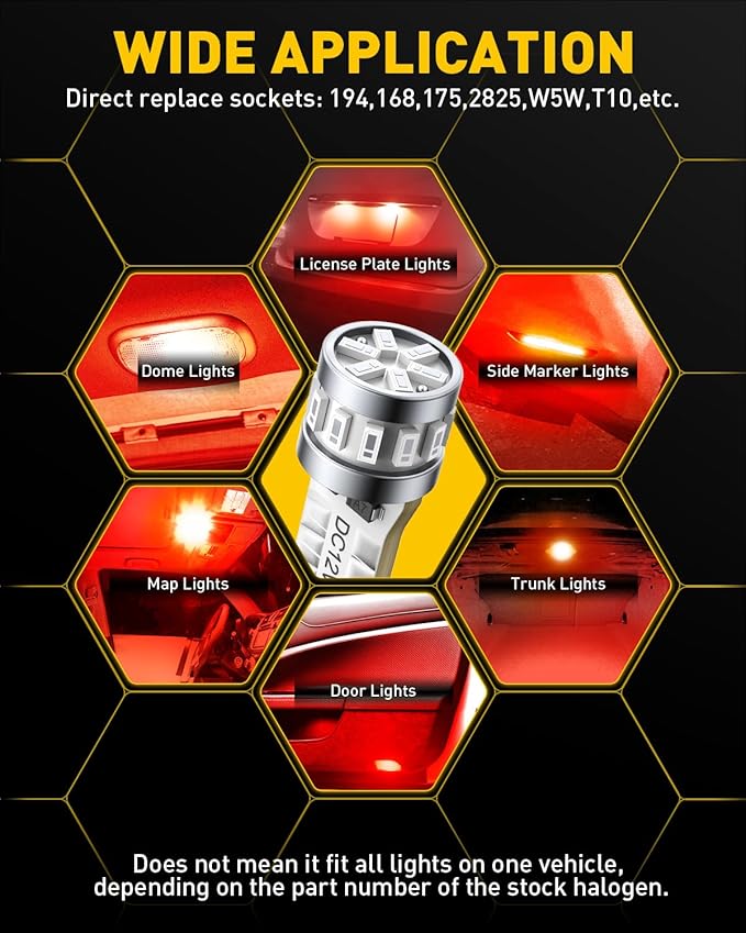 AUXITO Latest 194 LED Bulbs Red, Canbus Error Free 168 2825 T10 W5W LED Bulb for Car Dome Door Map Courtesy Trunk Cargo License Plate Exterior Lights, Pack of 2
