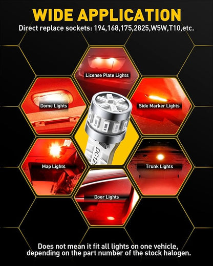 AUXITO Latest 194 LED Bulbs Red, Canbus Error Free 168 2825 T10 W5W LED Bulb for Car Dome Door Map Courtesy Trunk Cargo License Plate Exterior Lights, Pack of 2