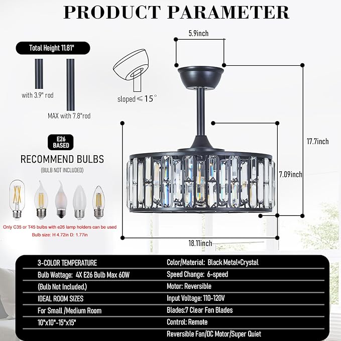 18.2" Modern Crystal Ceiling Fan with Light Black Crystal Fandelier Light Caged Ceiling Fan Light with Remote Reversible Industrial Chandelier Fan for Bedroom Living Room Dining Room Entry foryer
