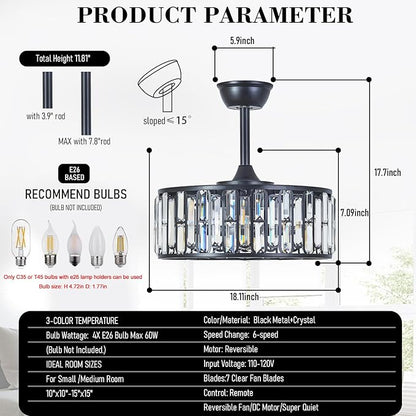 18.2" Modern Crystal Ceiling Fan with Light Black Crystal Fandelier Light Caged Ceiling Fan Light with Remote Reversible Industrial Chandelier Fan for Bedroom Living Room Dining Room Entry foryer