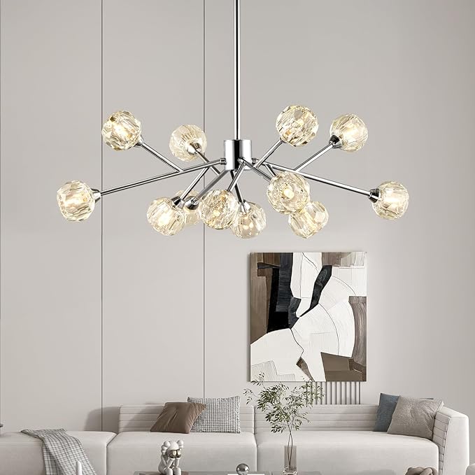 Weesalife Sputnik Chandeliers for Dining Room Light Fixture Over Table, Modern Crystal Chandeliers, 12 Lights Chrome Lighting Fixtures for Living Room Bedroom Kitchen Island Bar