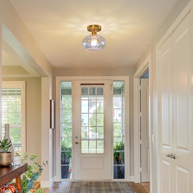 Luafac Vintage Glass Flush Mount Ceiling Light - 2 Pack，7.9 Inch Rainbow Hammered Glass Hallway Light fixtures Ceiling, Gold Semi Flush Mount Ceiling Light for entryway Foyer Laundry Room Kitchen