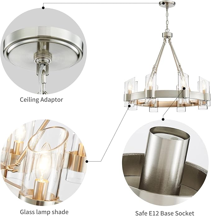 WUZUPS Wagon Wheel Chandelier 8-Light with Clear Glass Industrial Modern Farmhouse Round Light Fixture for Dining Room Kithen Island Foyer, Width 26" Height 22", Nickel