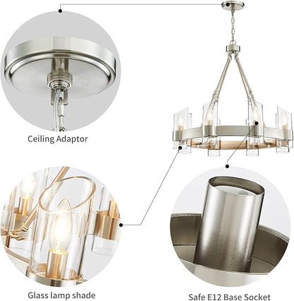 WUZUPS Wagon Wheel Chandelier 8-Light with Clear Glass Industrial Modern Farmhouse Round Light Fixture for Dining Room Kithen Island Foyer, Width 26" Height 22", Nickel