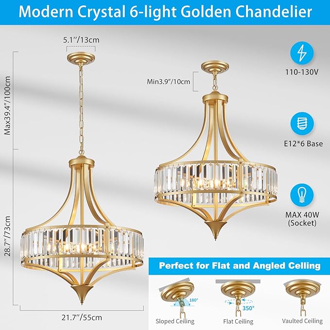 XINGQI Modern 6-Light Gold Crystal Chandelier 21.6" Farmhouse Large Round Pendant Lightting Fixture for Dining Room Living Room Kitchen Island Bedroom