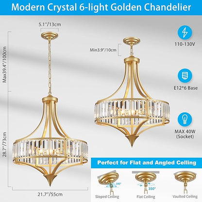 XINGQI Modern 6-Light Gold Crystal Chandelier 21.6" Farmhouse Large Round Pendant Lightting Fixture for Dining Room Living Room Kitchen Island Bedroom