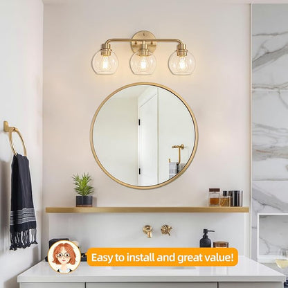 Bathroom Light Fixtures Gold Vanity Light 3 Light Wall Sconces Lighting Brushed Brass Lights with Clear Globe Glass Shades Bath Wall Lamp for Mirror Kitchen Living Room Bedroom Hallway
