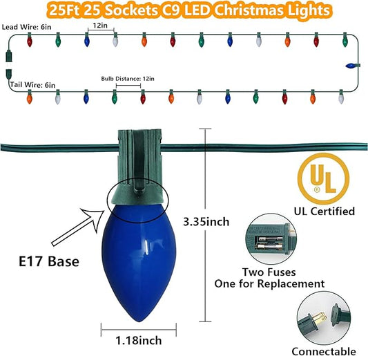 25Ft LED Christmas Lights Outdoor, C9 Vintage Christmas Lights with 25 LED Multicolor Plastic Bulbs, Hanging Christmas String Lights for Indoor Outdoor Party Patio Wedding Xmas Tree Christams Decor
