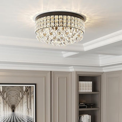 Maxax 4 Lights Crystal Chandelier, Recessed Drum Ceiling Light, Mini Crystal Flush Mount Round Metal Shade Raindrop Chandelier Crystal for Dining Room Living Room Bathroom Bedroom, Black