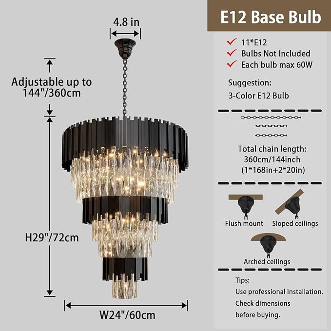 Large 8-Tier Crystal Chandeliers, 24in Black Crystal Chandelier, Luxury Round Adjustable Height Chandelier Lighting Fixture for High Ceiling, Entryway, Foyer