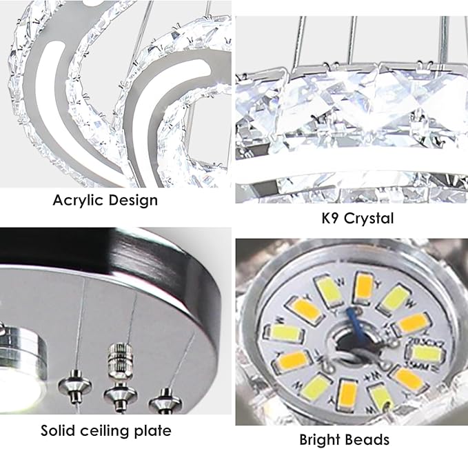 Modern Chandeliers Crystal Ceiling Light 3 Rings Dimmable LED Pendant Light Fixture Ceiling Hanging for Living Room Dining Room Bedroom Kitchen 250mm Base 209 Crystals(Dimmable)