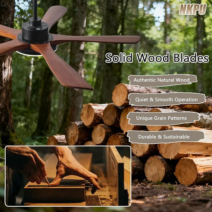 NKPU Ceiling Fans with Lights and Remote Control, 5 Solid Wood Blades, 3CCT Dimmable, Quiet DC Motor, 56 Inch Modern Outdoor Ceiling Fans for Bedroom Farmhouse Patios