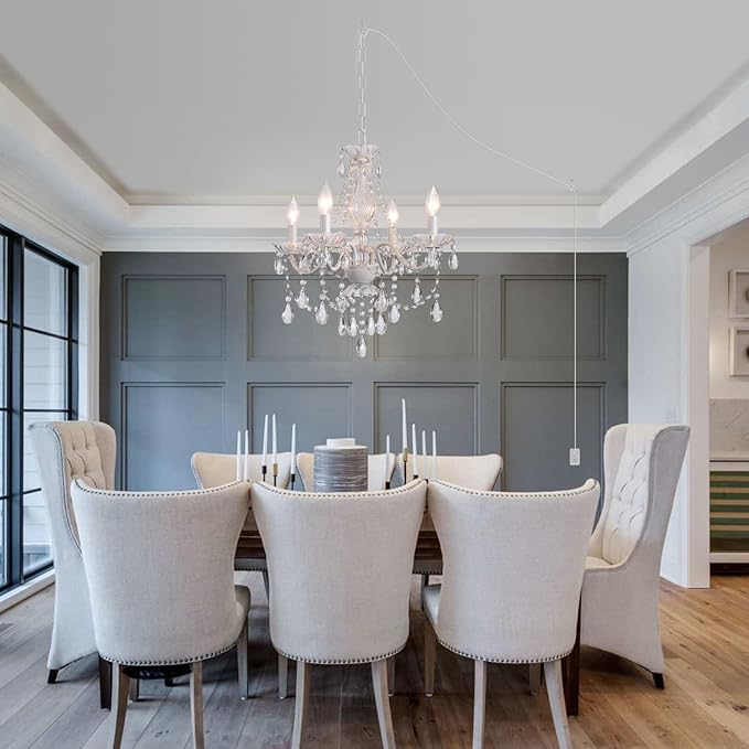 Plug in Crystal Ceramic White Chandelier, Glass Chandeliers,White crystal Hanging Pendant Light with Clear Cord and On/Off, 4 Light Crystal Chandelier for wedding, Kitchen, Dining,Foyer, Mini room