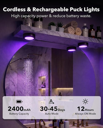 Rechargeable Puck Lights with Remote Control, Black 2400mAh Radar Motion Sensor RGB Under Cabinet Lighting Battery, Magnetic Color Changing Night Lights for Shelf, Showcase, Bookcase, Pantry, Wardrobe
