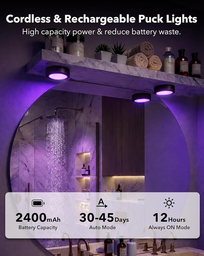Radar Motion Sensor Puck Lights with Remote, 2400mAh RGB Rechargeable Wireless Under Cabinet Lighting for Kitchen, Magnet Stick on LED Closet Lights, Cordless Push Light for Counter, Stairs