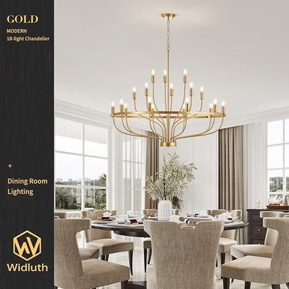39.4" Modern Gold Chandelier Vintage 18-Lights Mid Century Modern Candle Style Chandeliers Light Fixture Large Rustic Golden Chandelier for Dining Room, Kitchen Island, Living Room, E12