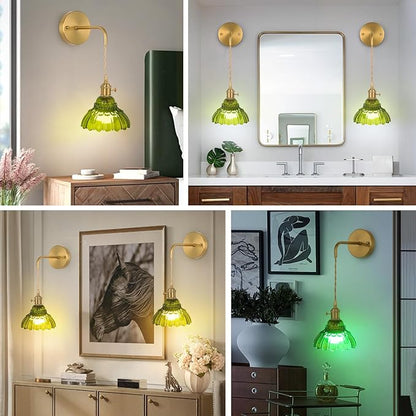 Vintage Wall Sconce Set of Two, Battery Operated Wall Sconces with Green Glass Lampshade, Wireless Wall Sconces with Remote, Rechargeable Wireless RGB Wall Lights for Bedroom Living Room etc