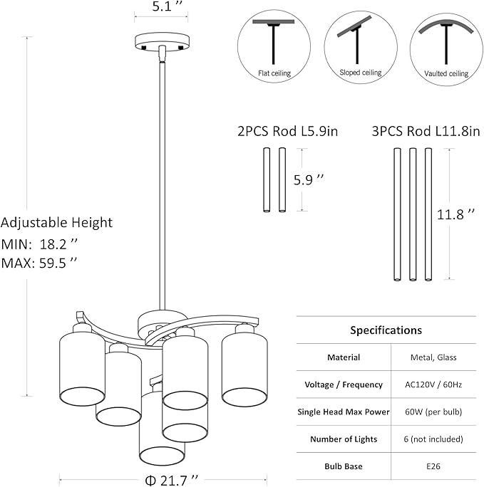 CNRATYE 6-Light Brushed Nickel Chandeliers for Dining Room Light Fixtures Over Table, Adjustable Height Hanging Industrial Pendant Lighting for Kitchen Island Bedroom, Clear Glass Shade