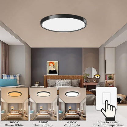Flush Mount Ceiling Light, 12 Inch Round Black Modern LED Ceiling Light, 28W 3000K/4500K/6500K Switchable, Bedroom, Kitchen, Living Room, Dining Room