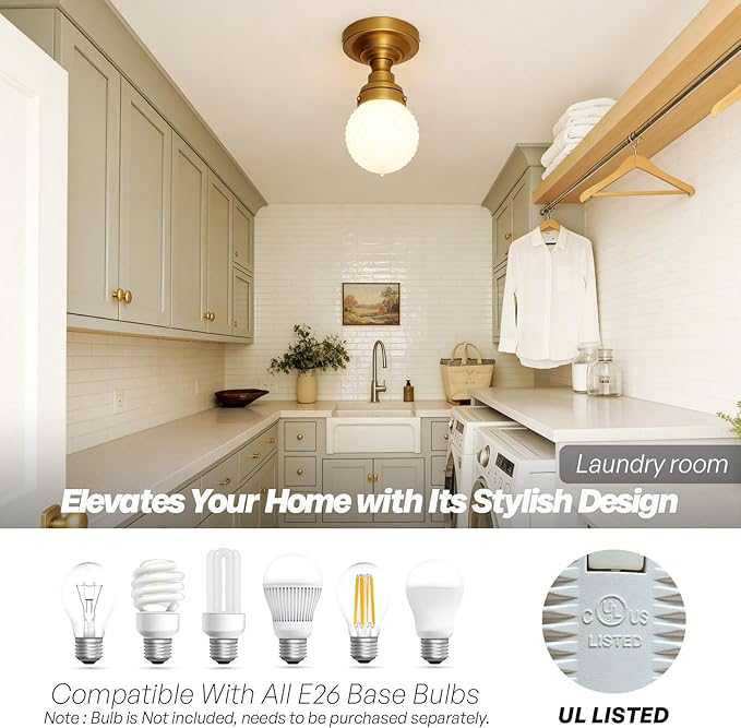 Vintage Close to Ceiling Light Fixtures Brass Gold Semi Flush Mount Ceiling Light Globe Milky White Glass Hallway Ceiling Light for Laundry Entryway Kitchen Bathroom Bedroom E26
