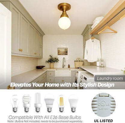 Vintage Close to Ceiling Light Fixtures Brass Gold Semi Flush Mount Ceiling Light Globe Milky White Glass Hallway Ceiling Light for Laundry Entryway Kitchen Bathroom Bedroom E26