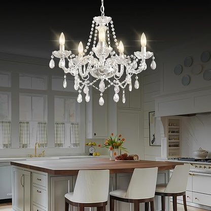 Plug in Chandelier,White Crystal Chandeliers Hanging Pendant Light Crystal Ceramic 5 Light with Plug in Cord