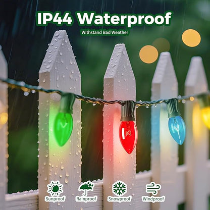 Minetom C9 Bulb String Lights Outdoor 100 Feet Multicolored Christmas Lights Green Wire for Outdoor Patio Room Christmas Tree Party Backyard Xmas Decoration, E17 Base, 100+4 Bulbs, Not Connectable