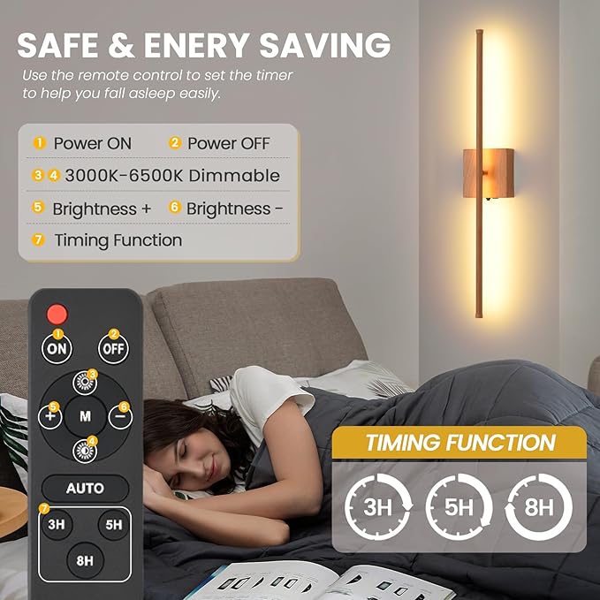 Battery Operated Wall Sconces, 11000mAh Rechargeable Faux Wood Texture Finish Wall Lights with Remote, 350° Rotatable Dimmable Wall Lamp 3 Color Temperatures, for Bedroom, Living Room, Hallway, 1 PCS