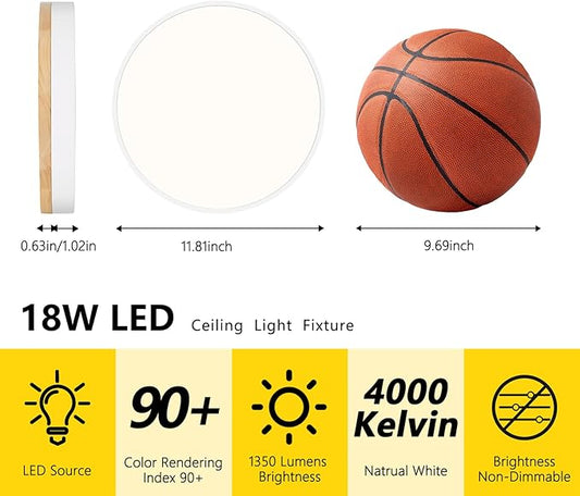 Modern Wood White Flush Mount Ceiling Light, 11.81" Round LED Low Profile Close to Ceiling Fixture for Kitchen Bedroom Bathroom Laundry Hallway Entryway Closet Living Room