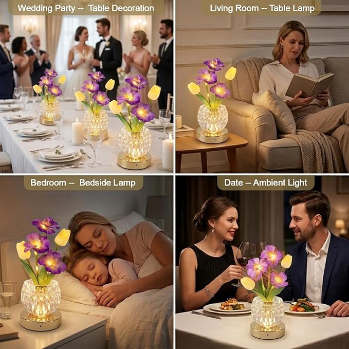 Flower Table Lamp, 3 Colors Tulip Night Light, Cordless Touch Dimming Flower with Vase Lamp, LED Desktop Decorative Landscape Lights for Festival Party Home Decor (Purple-Sakura)