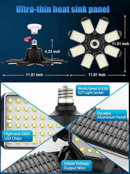 TANBABY 2 Pack LED Garage Lights, 260W Deformable Garage Light Bulb, Total 52000LM 6500K Daylight, 8+1 Adjustable Panels, E26/E27 Screw-in Ceiling Light for Basement