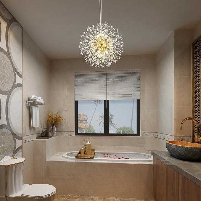 Modern Dandelion Firework Chandelier, Gold Dining Room Chandelier, Crystal Hanging Pendant Lighting Fixture for Living Room, Bathroom, Bedroom, Entryway, 12-Light