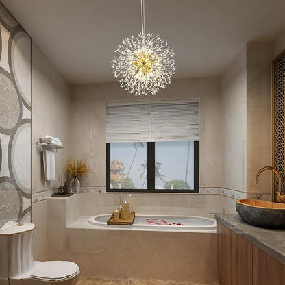 Modern Dandelion Firework Chandelier, Gold Dining Room Chandelier, Crystal Hanging Pendant Lighting Fixture for Living Room, Bathroom, Bedroom, Entryway, 12-Light