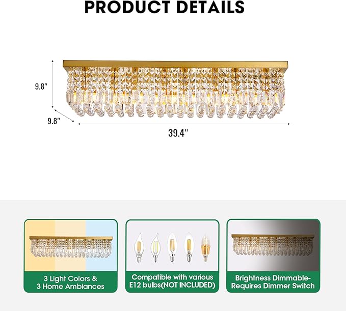 Modern Crystal Chandeliers for Dining Room Light Fixture, 8-Light Gold Rectangle Chandelier Ceiling Light for Kitchen Island Living Room, L39.4 Inch